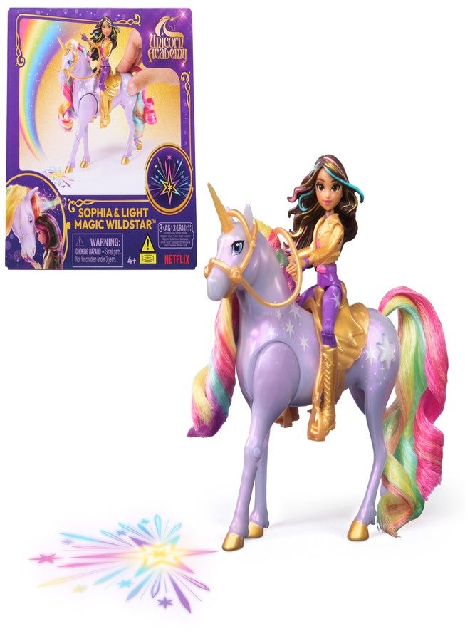 Unicorn Academy أكاديمية يونيكورن، صوفيا ونجمة الضوء السحرية مع تأثيرات إضاءة قوس قزح، دمى وألعاب يونيكورن للبنات، هدايا وحشوات جوارب للأطفال من عمر 4 سنوات فما فوق - Image 1